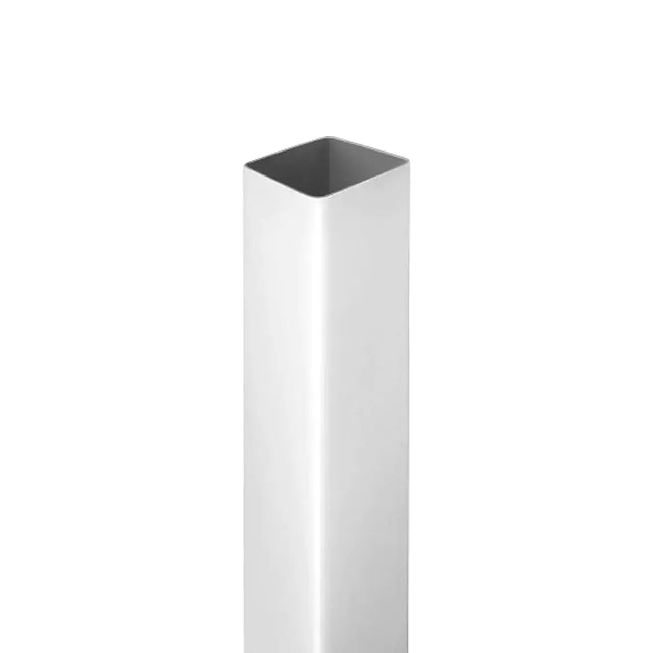A 5 in. x 5 in. x 8 ft. White Vinyl Fence Post by Go Build, The Fastest Way To Build, stands upright on a plain white background, highlighting its smooth, hollow, U.V.-resistant vinyl construction.